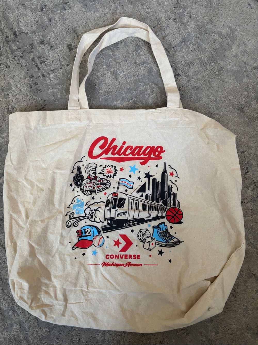 Converse Cream Canvas Tote with Red & Blue Chicago Graphic